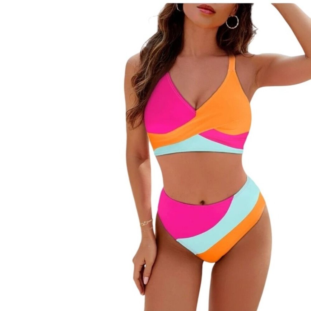 Rosvigor Womens Colorblock Bikini Set High Waisted Lace Up Pink Orange Blue M
